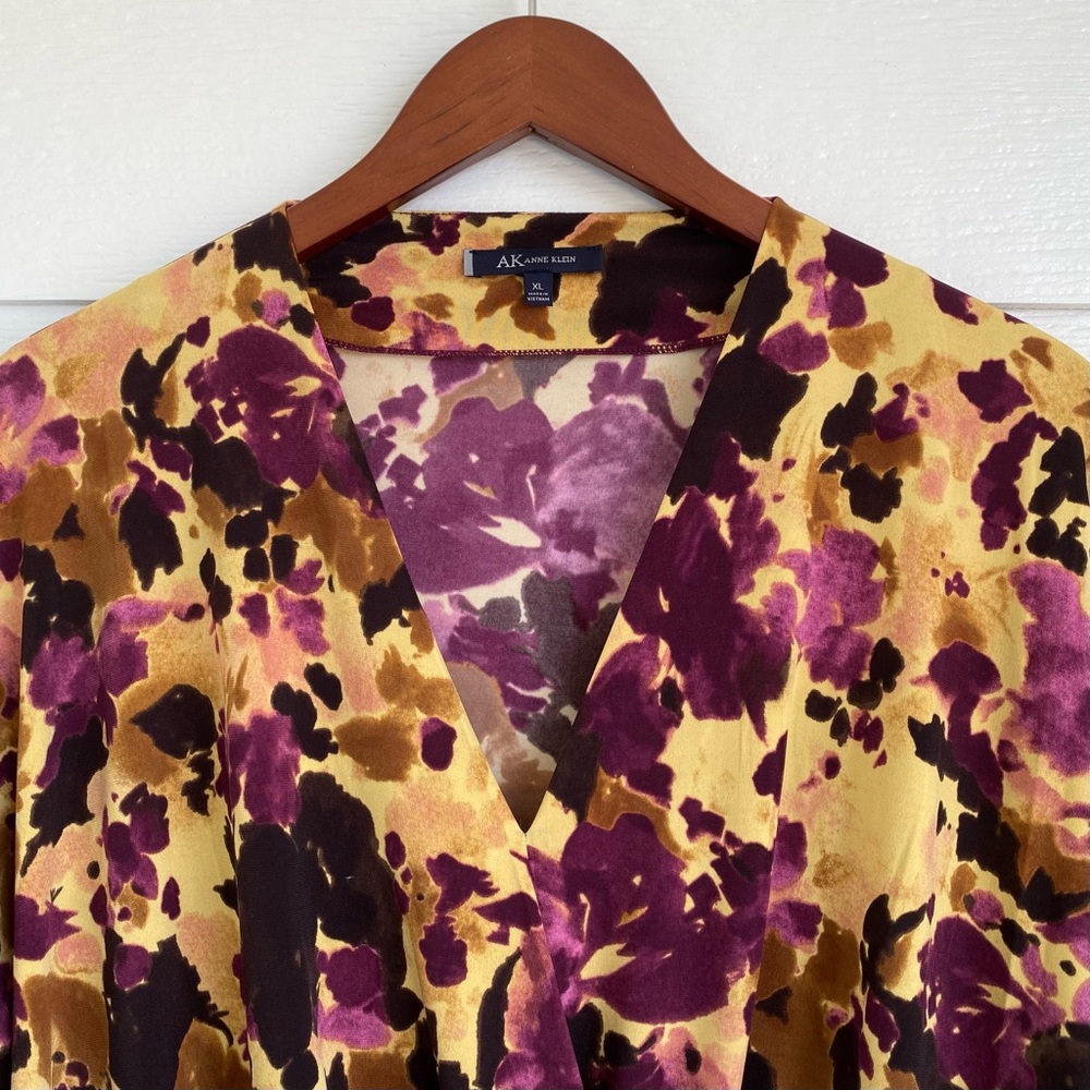 ANNE KLEIN Long-Sleeve V-Neck Burgundy Plum Gold Women’s Blouse Size XL - Picture 5 of 11